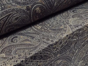 Slub Single Jersey Fabric, Per Metre - Paisley Print - Grey & Tan - Picture 1 of 4