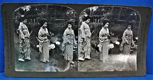 Antique Stereoscope View Card Geisha Girls Lotus Flowers in a Tokyo Japan Garden - Picture 1 of 7