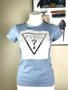 New Guess Cotton T shirt Top Sequin Logo Crew Neck Size S Blue - Picture 1 of 8