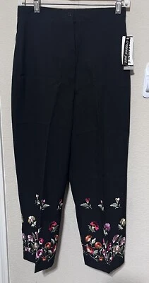 Nova Calça Cropped Larry Levine Tamanho 8P Preta Bordada Floral Tornozelo Cintura Alta - Imagem 1 de 4