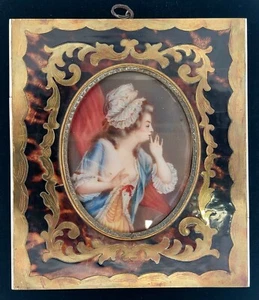 Antiker französischer Boulle Rahmen, Erotik Rokoko handbemalt signiert Miniatur 53/8"x43/4" - Bild 1 von 21