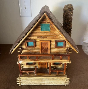Vintage Folk Art Wooden Log Cabin With Stone Chimney Hand Made TOP COMES OFF - Picture 1 of 15