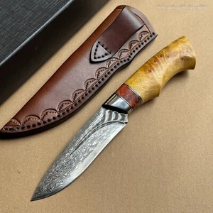 Coltello da caccia artigianale Damasco Vg10 sopravvivenza lama fissa con fodero in pelle - Foto 1 di 18