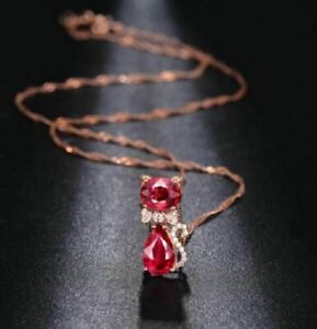 3 Carat Oval & Pear Cut Pink Ruby Cat Shape Pendant Necklace 14K Rose Gold Over