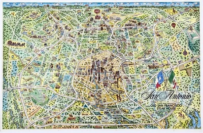 1986 - САН-АНТОНИО - ТЕХАС карта иллюстрированный оригинальный большой (28 x 18) Мерл Оллом - Изображение 1 из 4