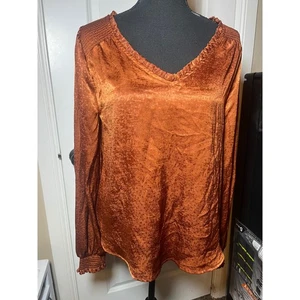 MINE rostorange Jacquard gesmokte V-Ausschnitt Tie Back Langarm Bluse Top M - Bild 1 von 5