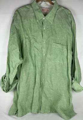 Inserch Green 100% Linen Roll Tab Sleeve Shirt Mens 3XL Long Sleeve Pocket Solid - Image 1 of 4