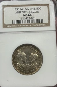 US PHILIPPINES 50 CENTAVOS 1936-M MURPHY QUEZON COMMEMORATIVE PCGS MS 64 - Picture 1 of 6