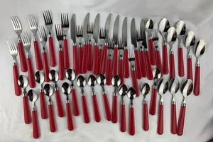 48Pc Red Handle Stainless Flatware Faceted Fork Spoon Knife MCM Lucite Acrylic - Picture 1 of 8