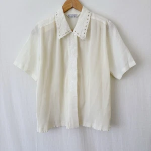 Vintage Shirt Top Size 12-14-16 Yellow Embroidered Pleated Collar 90s Cottage - Picture 1 of 9