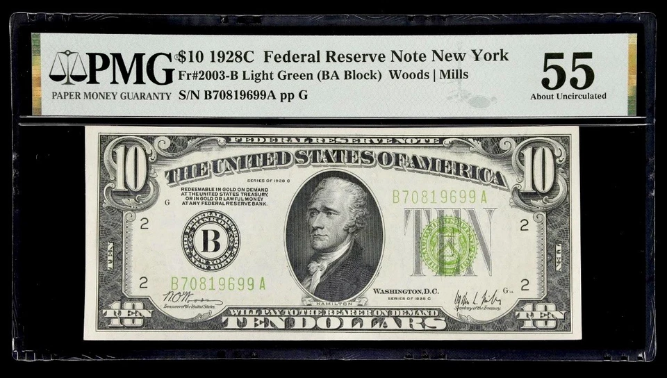 1928 C $10 Dollar Scarce Light Green Seal PMG 55 Serial B70819699A FRN New York - Image 1 of 2