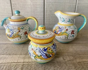 Deruta Raffaellesco Creamer Sugar Teapot Set/3 Hand Signed - Picture 1 of 10