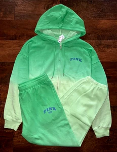 Victoria's Secret Pink Ombre Dip Dye Campus FZ Hoodie + Pants Pale Petal L XL 💚 - Picture 1 of 10