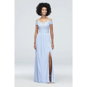 Davids Bridal Formal Gown Womens 2 Light Blue Off Shoulder Slit Lace Prom Dress - Picture 1 of 15
