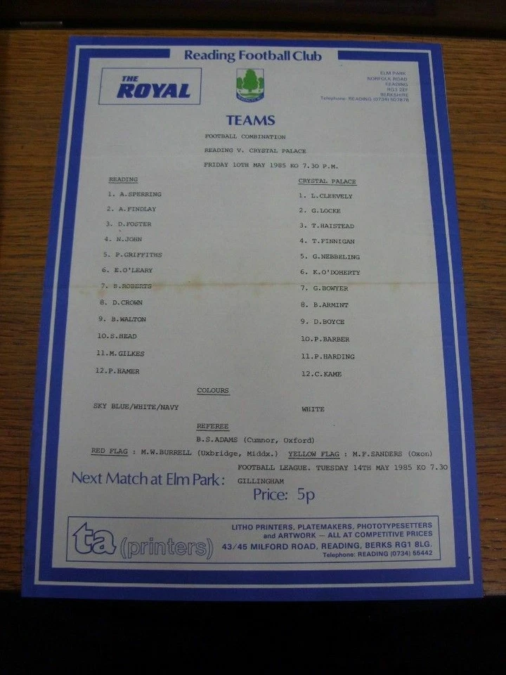 10/05/1985 Reading Reserves v Crystal Palace Reserves  (single sheet, folded). P - Image 1 of 1