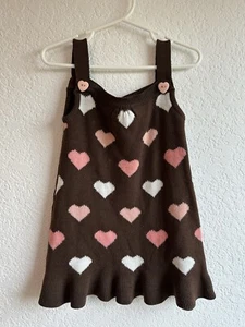 Vintage Little Lass Girls 4T Brown Pink Hearts Mini Sweater Ruffle Dress - Picture 1 of 5