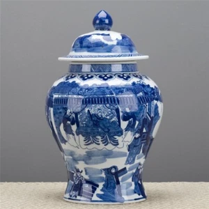 Chinese oriental porcelain TEMPLE JAR W PEOPLE BLUE AND WHITE GINGER JAR 15" - Picture 1 of 6