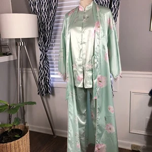 Vintage Christian Dior Kimono Robe Pajama Set Small Magnolia Floral Mandarin HTF - Picture 1 of 12