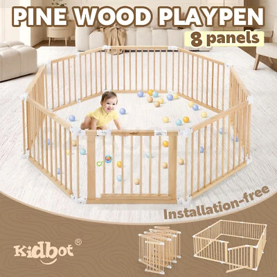 Kidbot Wooden Baby Playpen Kids Safety Gate Pet Dog Fence Foldable Yard 8 Panel - image 1 of 4