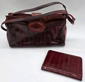 Vintage echt Aalleder Schultertasche + Geldbörse burgunderrot Made in Korea 80er - Bild 1 von 20