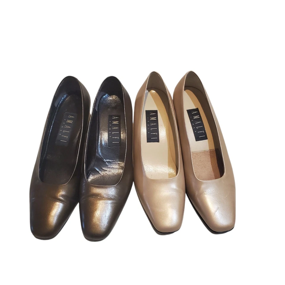 Lote 2 Pares Amalfi Italia Cuero Puntera Cuadrada Bombas Tacones 9 B Carrera Trabajo Dinero Antiguo Foto 1 de 4