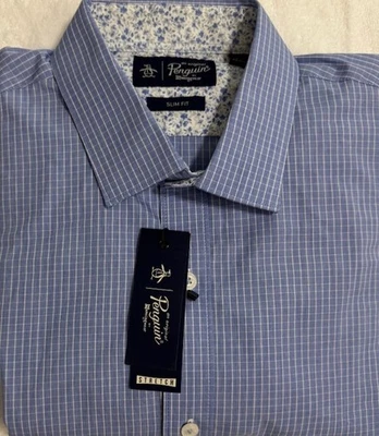 New Penguin Men's Long Sleeve Shirt Blue Plaid Size 151/2-32/33 Slim Fit $25.00 - Image 1 of 3