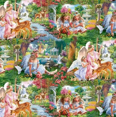 Tela de edredón de algodón escénico Sykel Enterprises ángeles y animales por yarda Foto 1 de 4