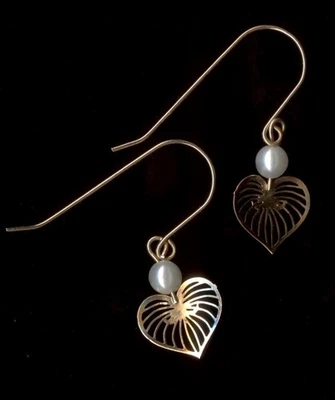 New 14K 26mm Solid Yellow Gold White Pearl Bead Heart Hook Stud Earrings IT - Image 1 of 2