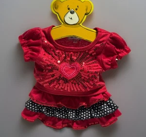 Build a Bear Red Heart Sequin Top Red Black Polka Dot Ruffle Skirt Outfit - Picture 1 of 8