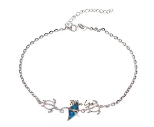 925 Sterling Silver Hawaiian Manta Ray Honu Turtle Blue Opal Anklet 8.5" + 2" - Picture 1 of 2