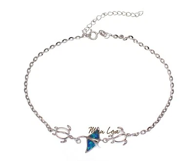 925 Sterling Silver Hawaiian Manta Ray Honu Turtle Blue Opal Anklet 8.5" + 2" - Image 1 of 2