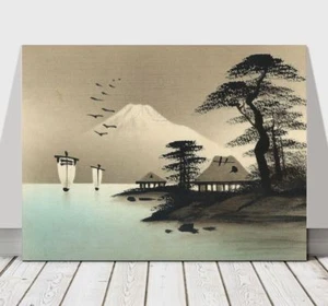 Japanese Houses, Ships, Mountain, Trees & Birds -CANVAS ART PRINT POSTER -18x12" - Picture 1 of 1