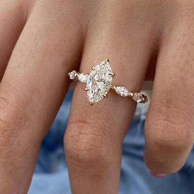 14K Gold Solitaire w/ Side Stone Ring 2.15ct Marquise Lab-Created Diamond E/VS1 - Image 1 of 4
