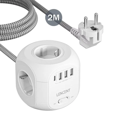 Presa Multipla LENCENT EU Plug Con 4 Prese CA 3 Porte USB 1 Tipo C 2M/3M Cavo In - Immagine 1 di 4