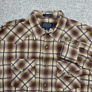 Pendleton Frontier Camicia Uomo Marrone Medio Plaid Perla Snap Western Patta Tasche - Foto 1 di 6