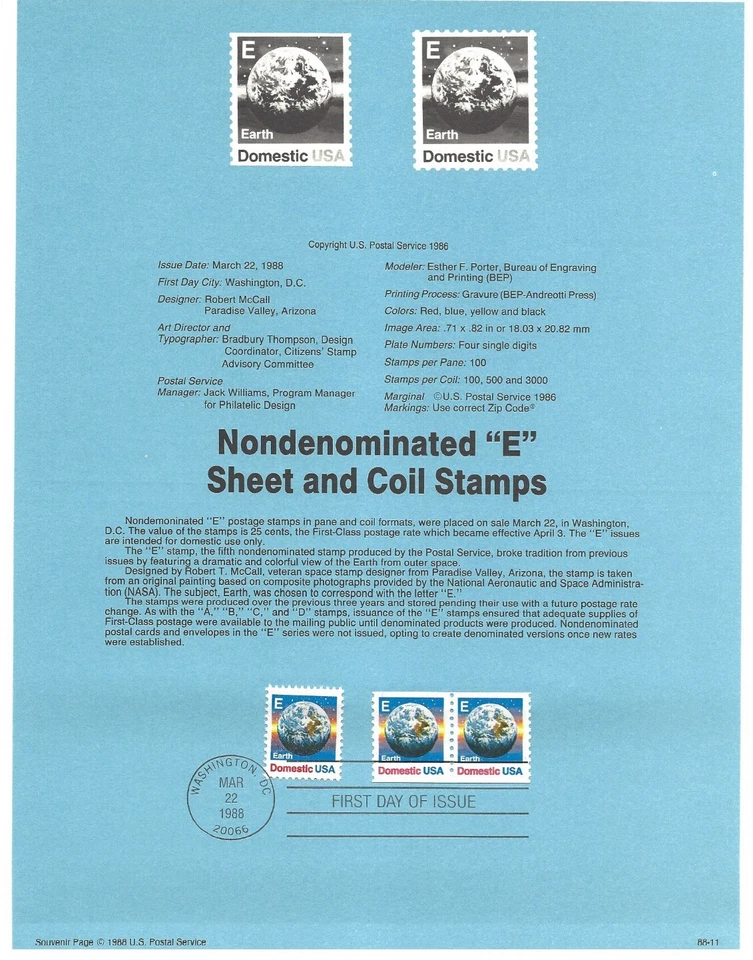 USPS Souvenir First Day Of Issue Commemorative Stamp 3/22/88 Nondominated E - Image 1 of 1