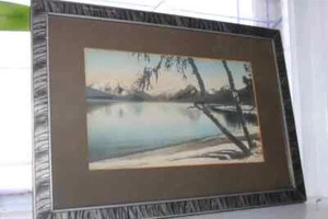 Hand Colored Tinted Photograph Mountain and Lake Framed Vintage 1940s - Picture 1 of 6
