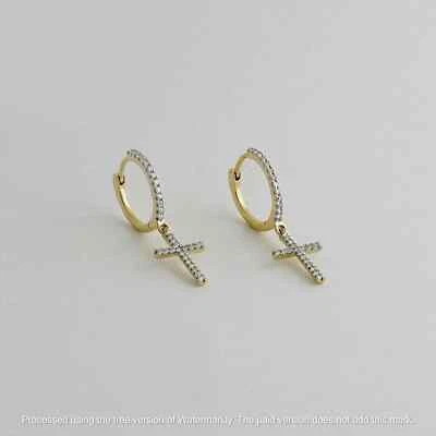 14K Yellow Gold Over Lab Created Diamond Cross Huggie Hoop Dangle Drop Earrings - Image 1 of 4