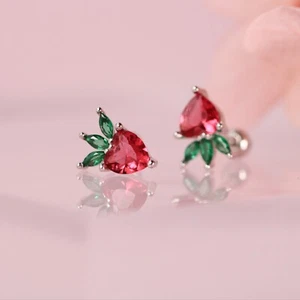 925 sterling silver cubic zirconia strawberry screw back stud earrings - Picture 1 of 4
