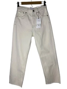 (NEW) Zara Womens 4 Straight Leg High Rise Ankle Jean Off-white Raw Hem - Picture 1 of 9
