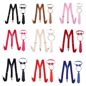 Kids Adjustable Clip on Braces Y Shape Elastic Trouser Suspenders Tie Bow Chaild - Picture 1 of 44