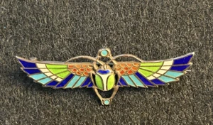Vintage Art Deco Egyptian Revival 800 Silver & Enamel Winged Scarab Pin BL - Picture 1 of 4