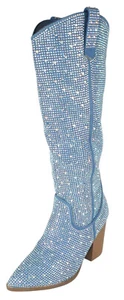 Top Moda Women Knee High Boots High Heels Bling Glitter Zipper IMOGEN Blue Denim - Picture 1 of 5