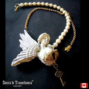 Jewelry Necklace Pendant Pearls Key Luxury Greek Mythology Winged Guardian Angel - Picture 1 of 24
