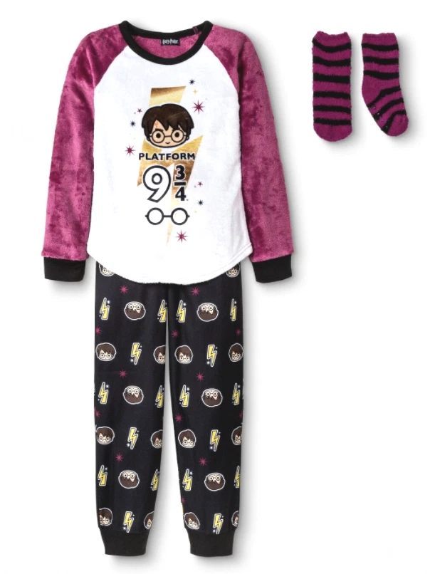 Juego de pijama Harry Potter niña 2 piezas púrpura/negro/blanco con calcetines acogedores XS S M NUEVO CON ETIQUETAS Foto 1 de 1