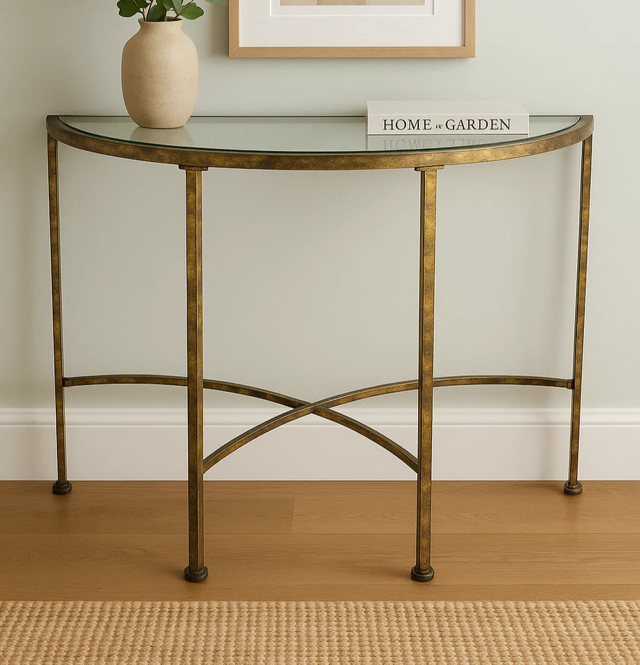 Antique Gold Metal Half-Moon Console Table with Mirror Top - Elegant Entryway