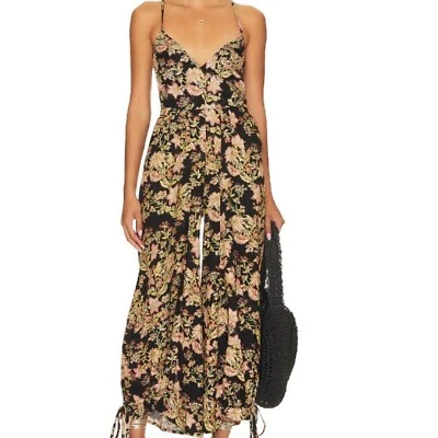 Free People Stand Out Printed Jumpsuit Size XS Black Floral Linen Drawstring - Image 1 of 4
