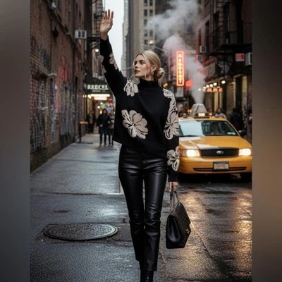 Black Floral Turtleneck Sweater | Alice + Olivia - Image 1 of 4