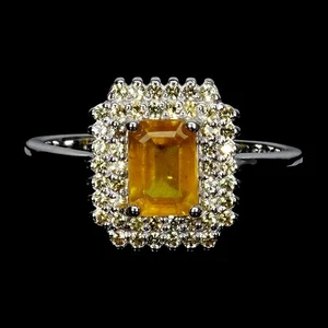 925 Bague en Argent Octogone Jaune Saphir 7x5mm Gemmes Naturelles Taille 8.5 - Photo 1/14