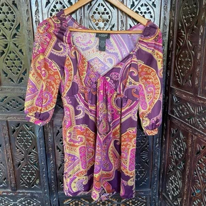 Boho Babydoll Tunika Damen S Paisley lila rosa Print 3/4 Ballonärmel Oberteil - Bild 1 von 3